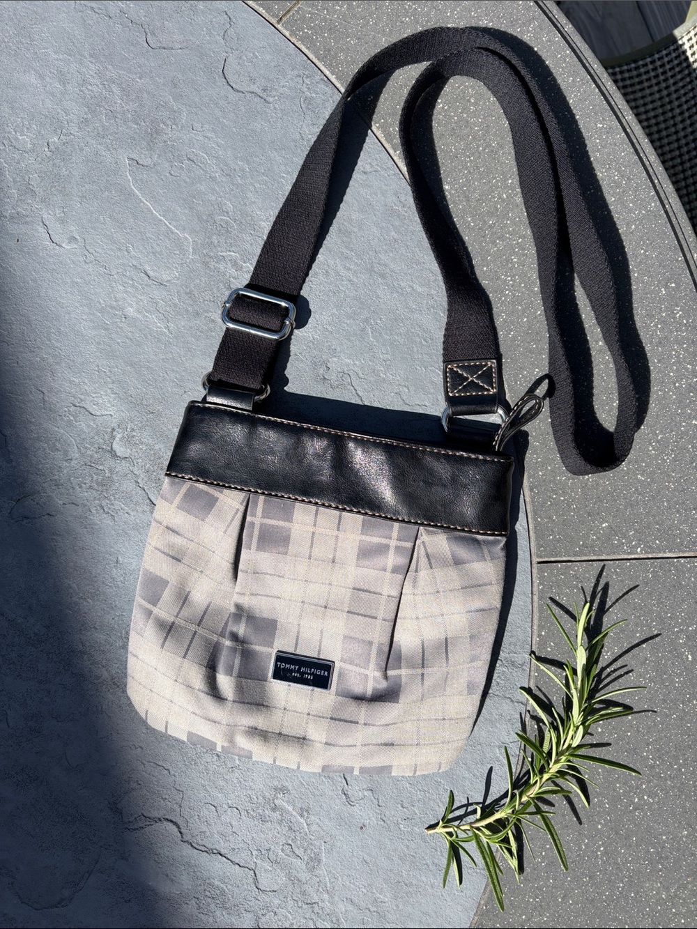 Tommy Hilfiger Plaid Gray Crossbody with Black Trim